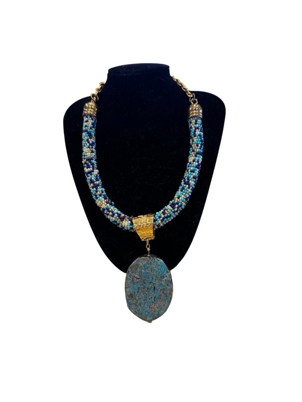 Beaded Blue & Gold Chunky Rope Necklace With Large Stone Pendant